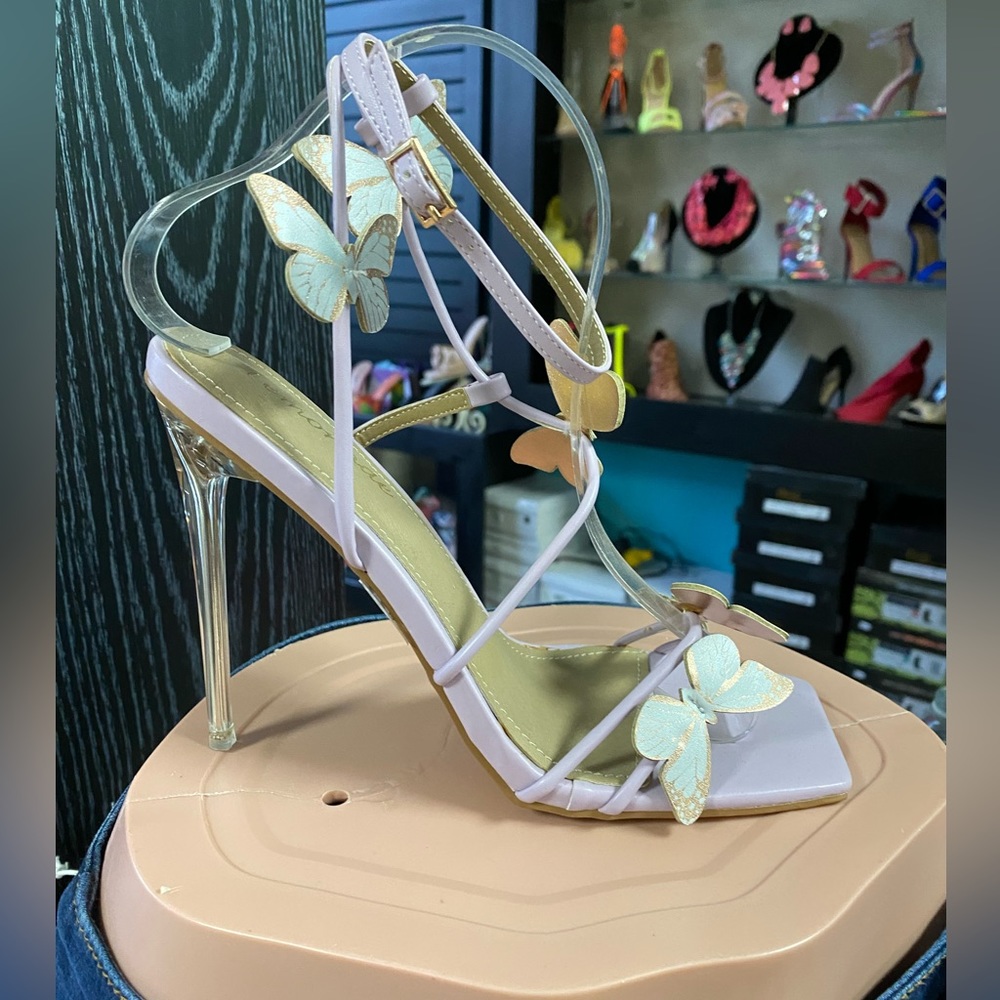 NEW ankle strap sandal, clear heel butterfly accent